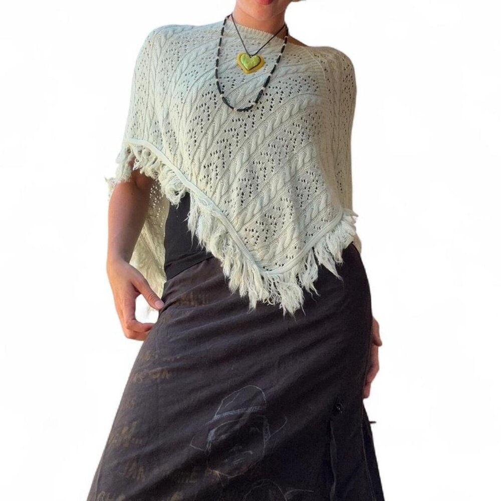 Sage green crochet shawl with fringe